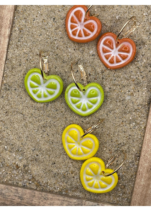 Fruit Slice Heart Hoop Earrings: Orange, Lemon or Lime