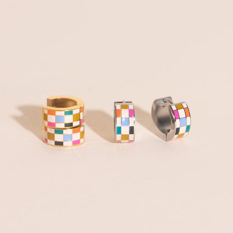 Bright Checkered Super Chunky Huggie Hoop Earrings