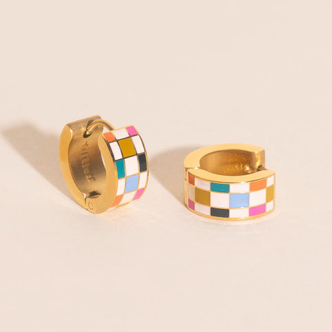 Bright Checkered Super Chunky Huggie Hoop Earrings