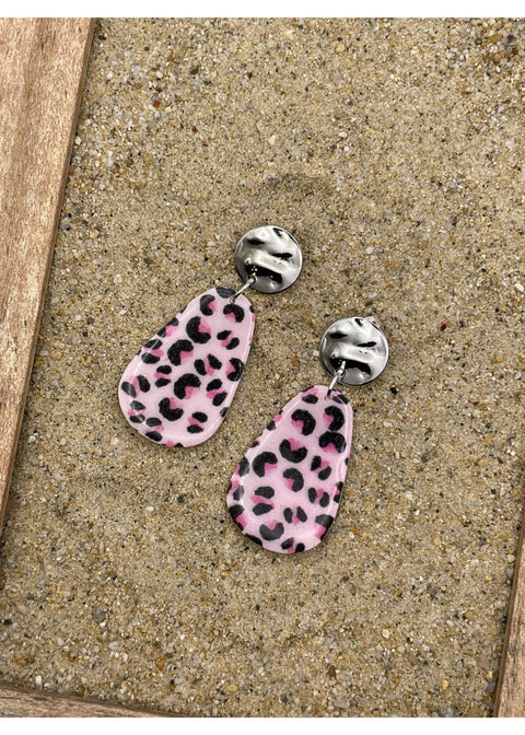 Pink Leopard Print Teardrop Dangle Earrings